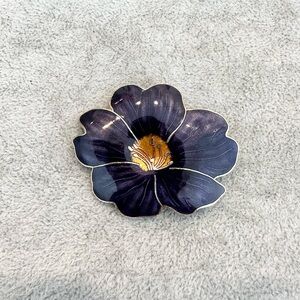 Vintage Gold Tone Cloisonne Enamel Dark Purple Orchid Blossom Brooch Pin